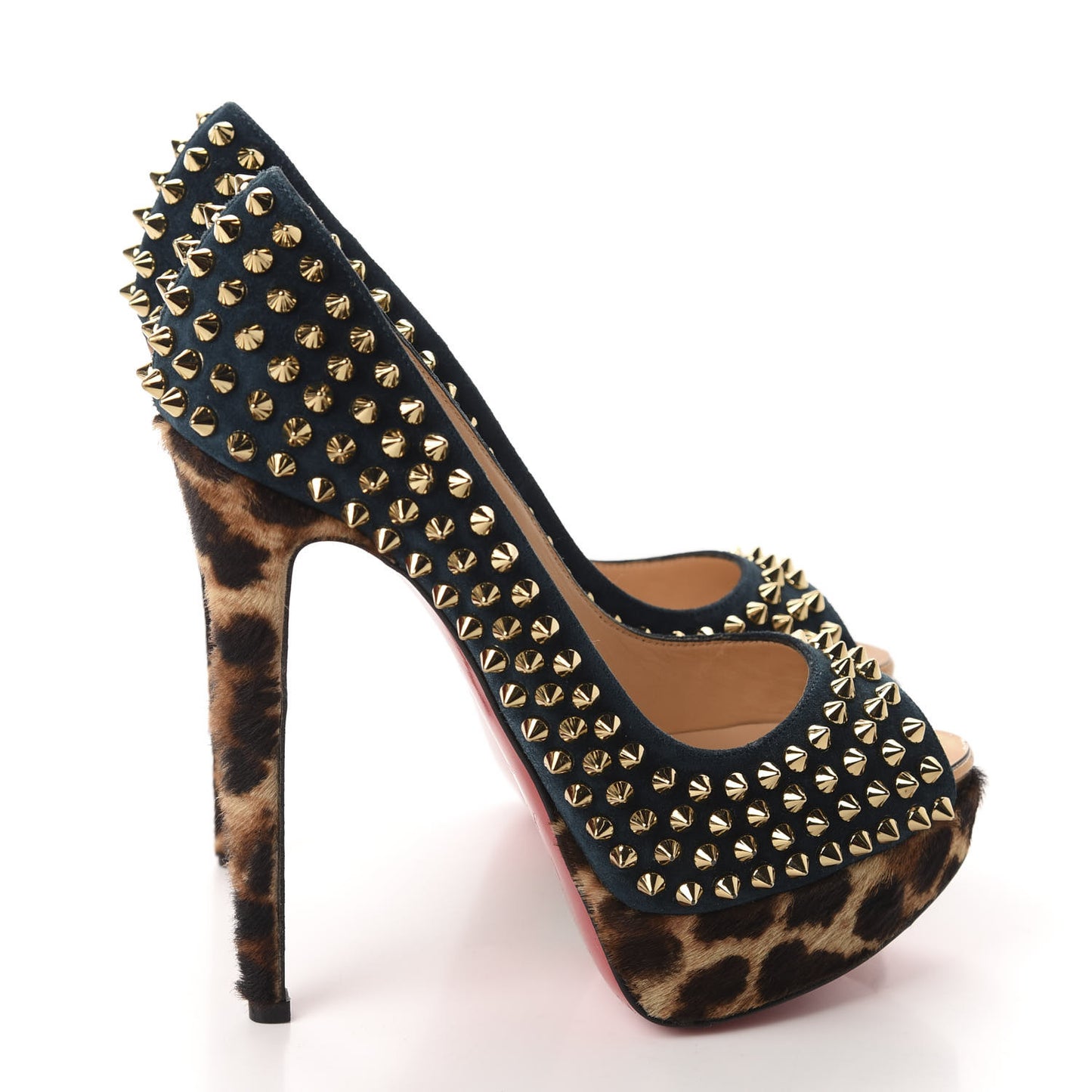 Veau Velours Calf Hair Leopard Lady Peep Spikes VIP 150 Pumps 36.5 Blue Khol Bronze