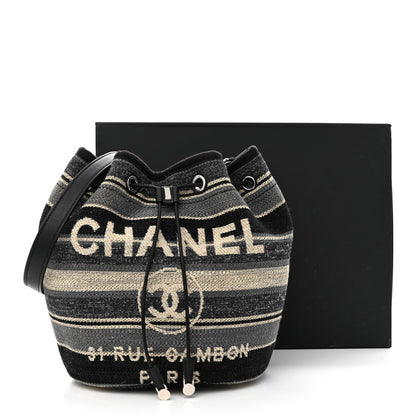 Chanel Striped Canvas Deauville Drawstring Bag Grey Black 12 of 12
