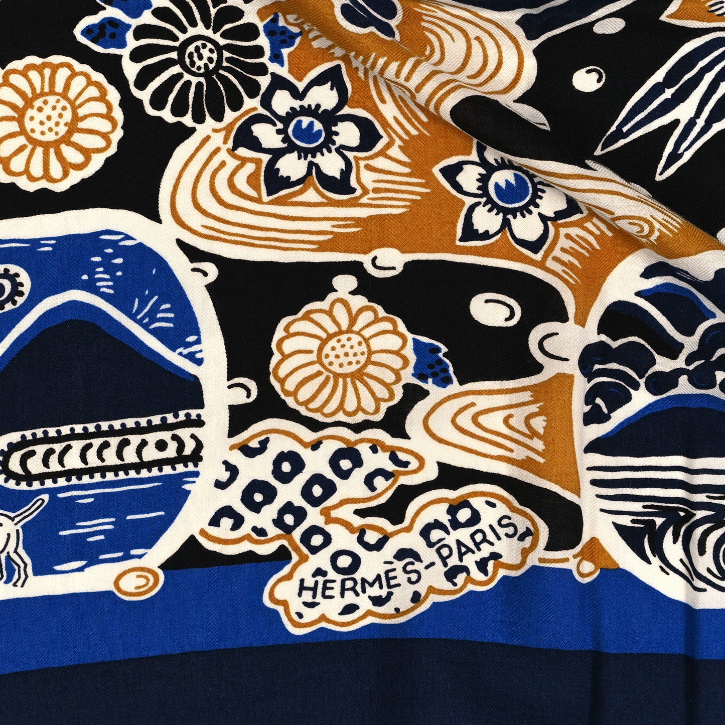 Cashmere Silk Bingata Shawl 140 Marine Bleu Dur Beige