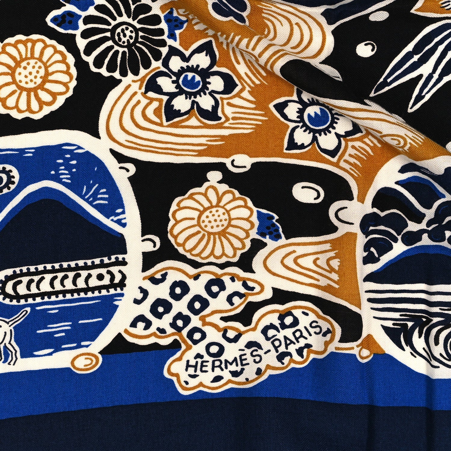 Hermes Cashmere Silk Bingata Shawl 140 Marine Bleu Dur Beige 2 of 4