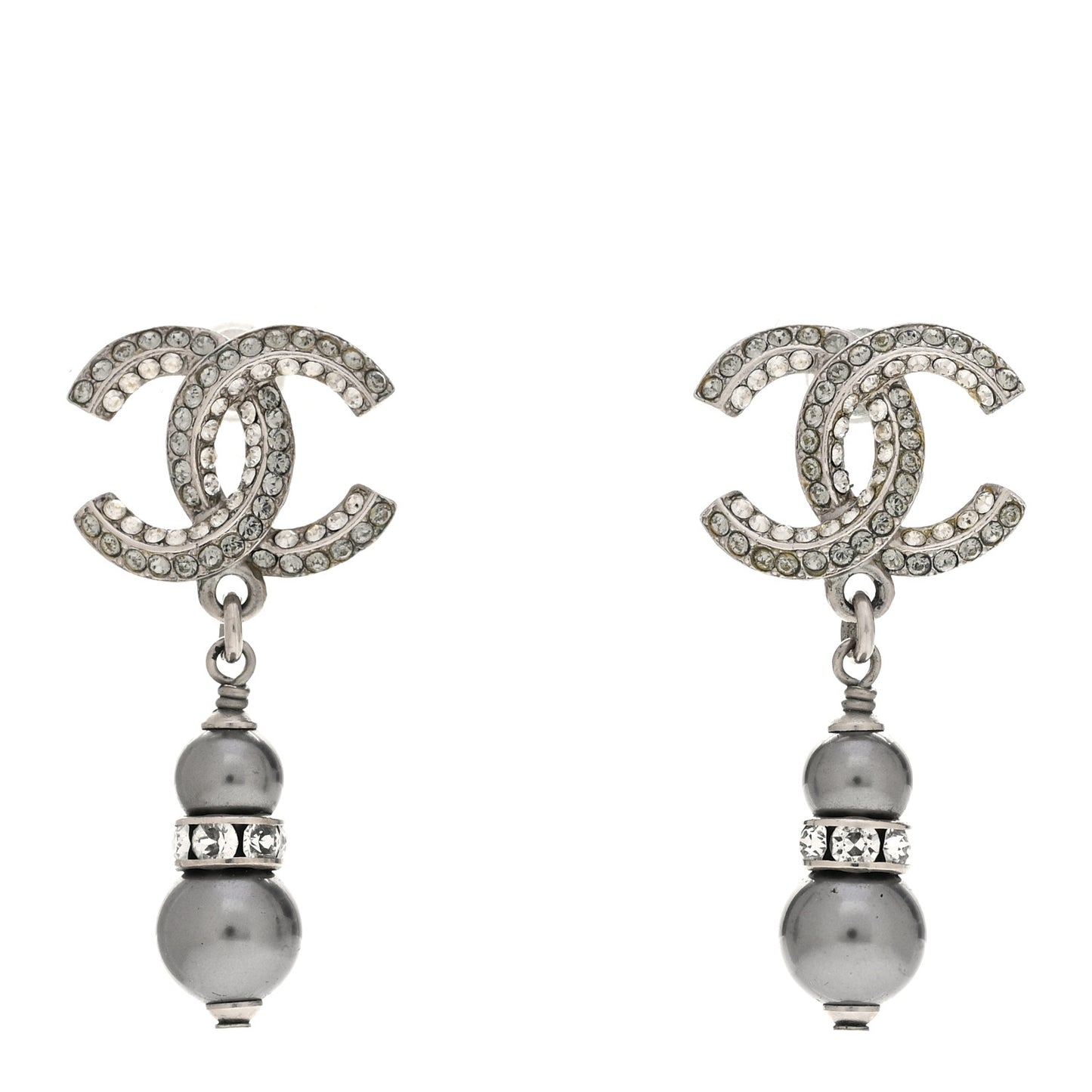 Crystal Pearl CC Drop Earrings Silver Grey