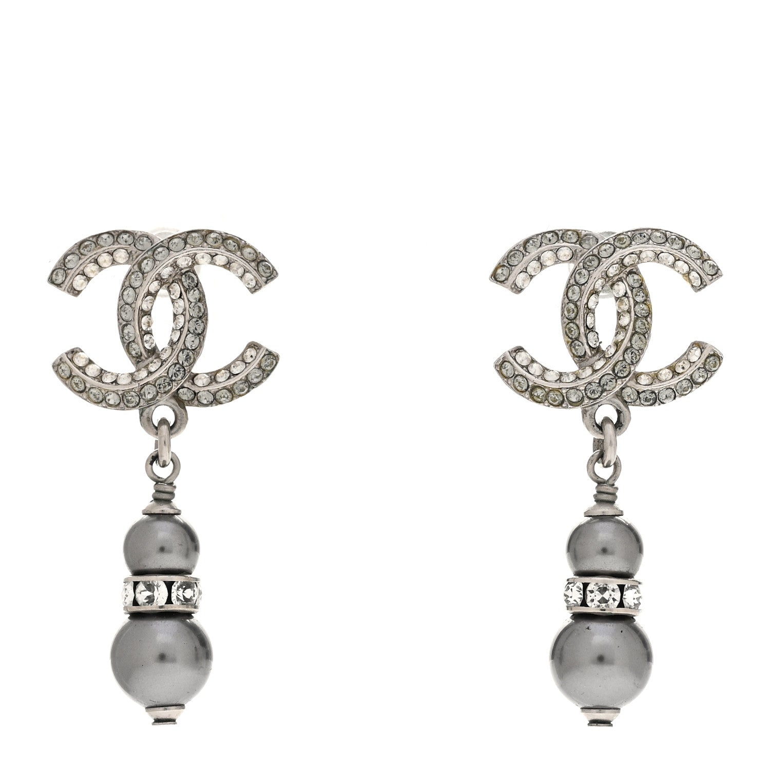 Chanel Crystal Pearl CC Drop Earrings Silver Grey 1 of 4