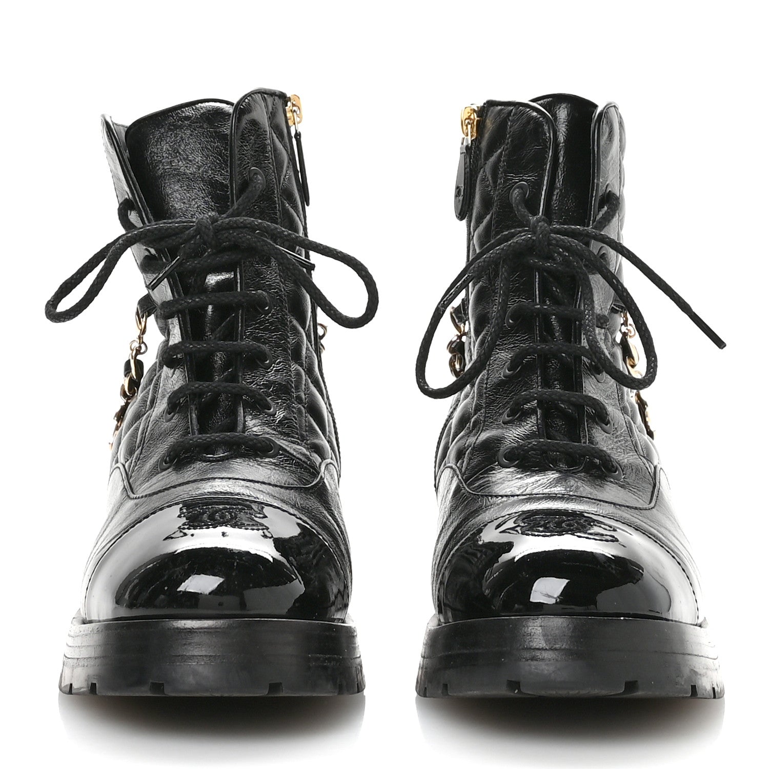 Chanel Shiny Calfskin Patent Quilted Chain Lace Up Combat Boots 40