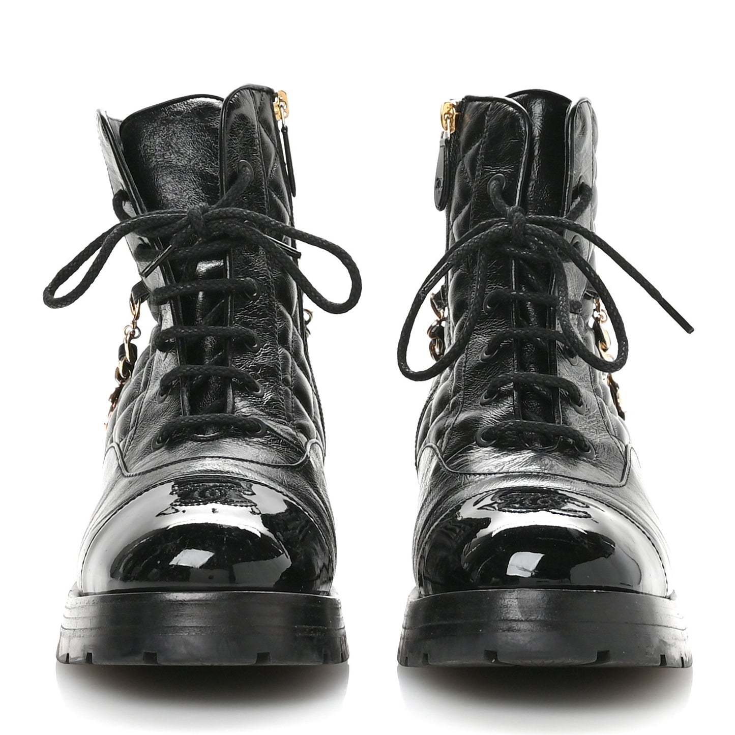 Shiny Calfskin Patent Quilted Chain Lace Up Combat Boots 40 Black