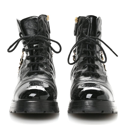 Chanel Shiny Calfskin Patent Quilted Chain Lace Up Combat Boots 40 Black 3 of 10