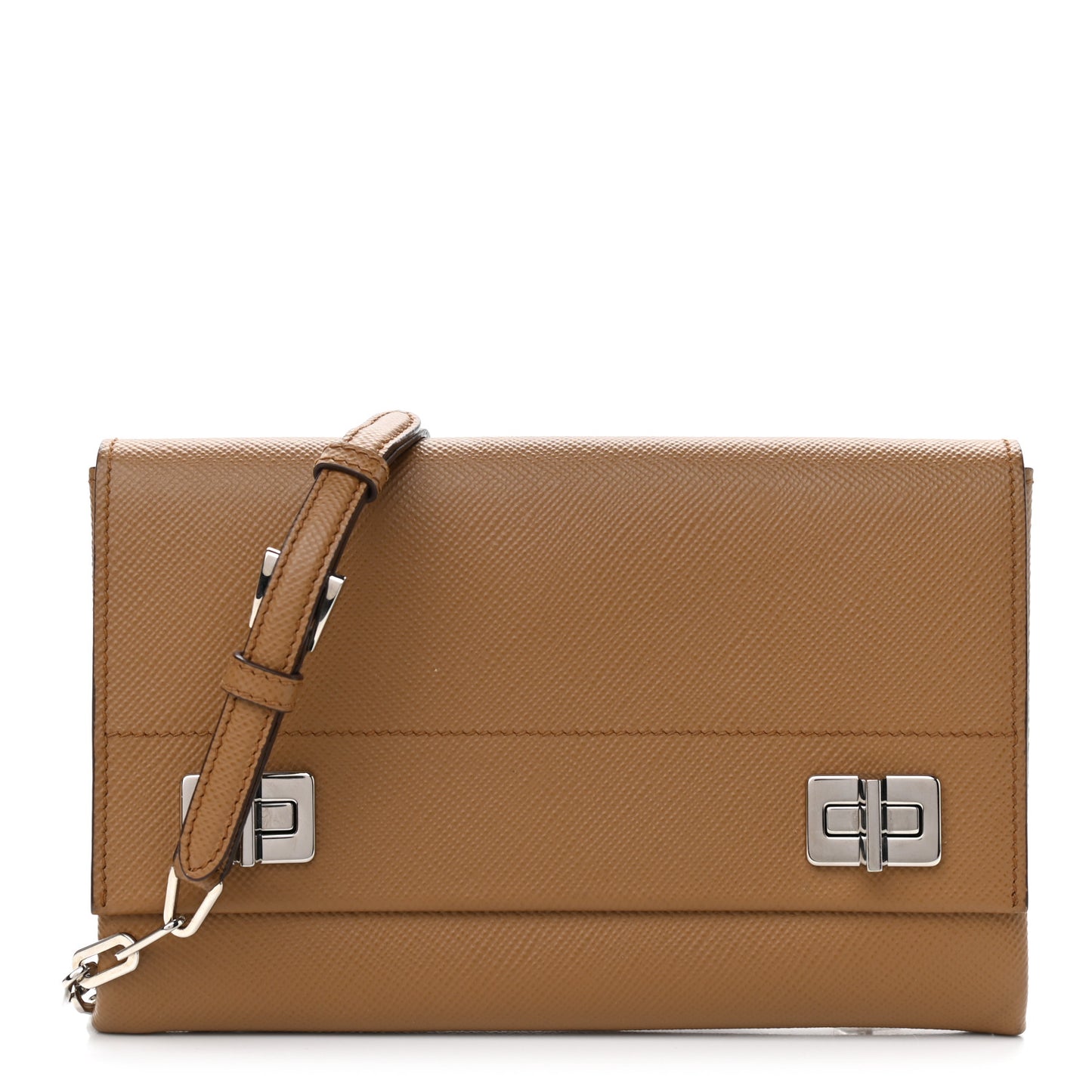 Saffiano Cuir Twist Lock Chain Flap Crossbody Bag Caramel
