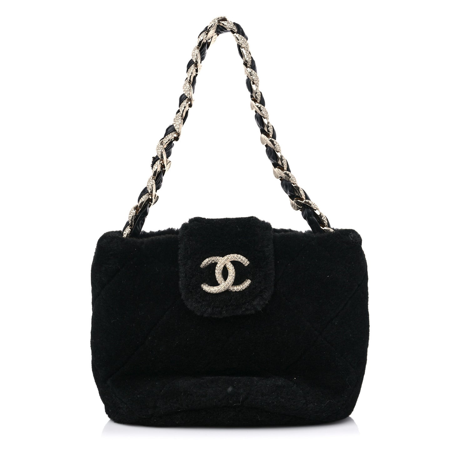 Shearling Lambskin Crystal Strass Flap Black