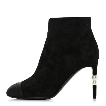 Chanel Suede Grosgrain Pearl Ankle Boots 38.5 Black 1 of 9