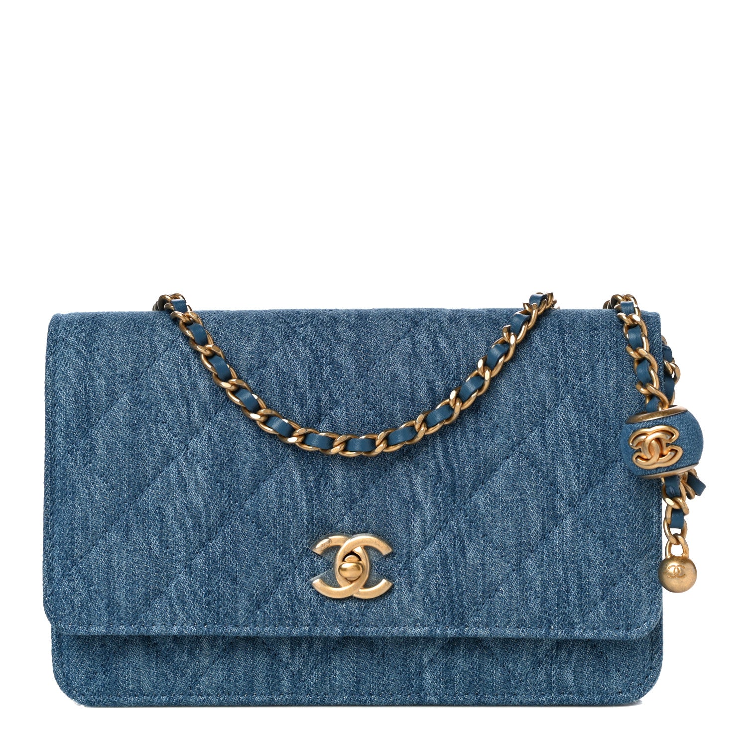 Chanel Denim Quilted CC Pearl Crush Wallet On Chain WOC Blue 2 of 12