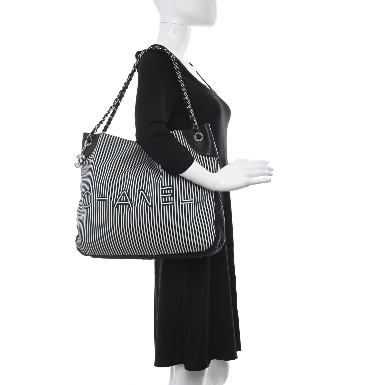 Chanel Striped Canvas Logo Tote Black 2 of 10
