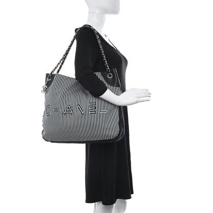 Chanel Striped Canvas Logo Tote Black 2 of 10