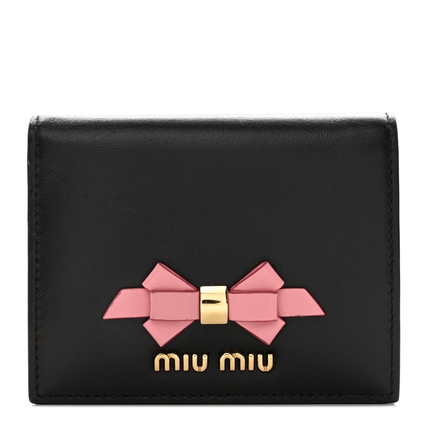 Miu Miu Soft Calfskin Bow Compact Wallet Black Pink 1 of 11