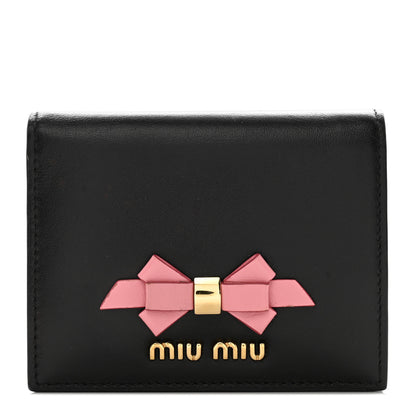 Miu Miu Soft Calfskin Bow Compact Wallet Black Pink 1 of 11