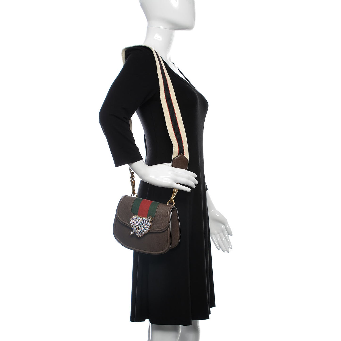 Textured Calfskin Web Crystal Heart Stripe Small Totem Shoulder Bag New Acero