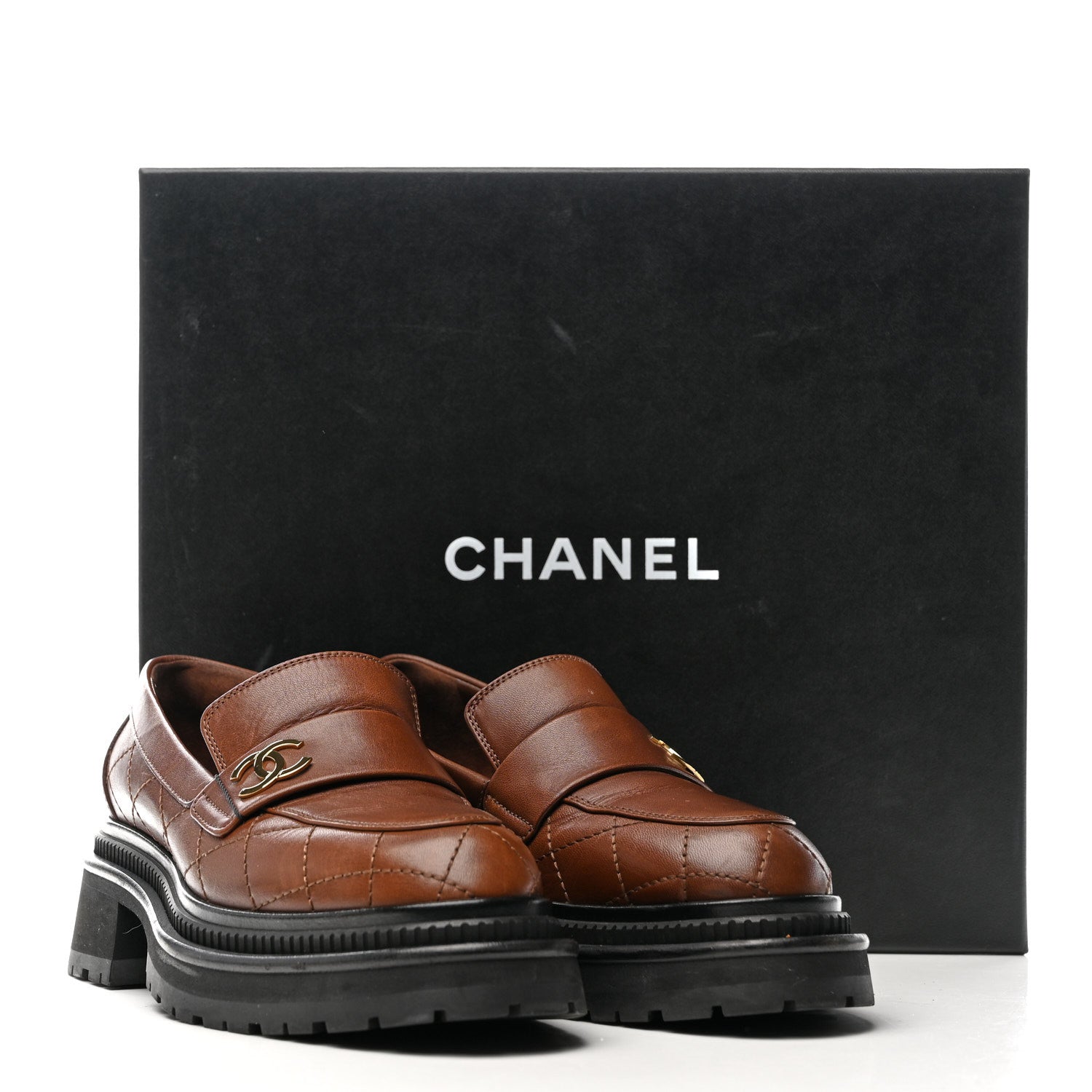 Chanel Calfskin Quilted CC Mocassin Loafers 36 Brown 1757926