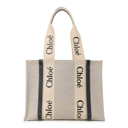 Chloe Cotton Calfskin Medium Woody Ribbon Tote White Black 1 of 12