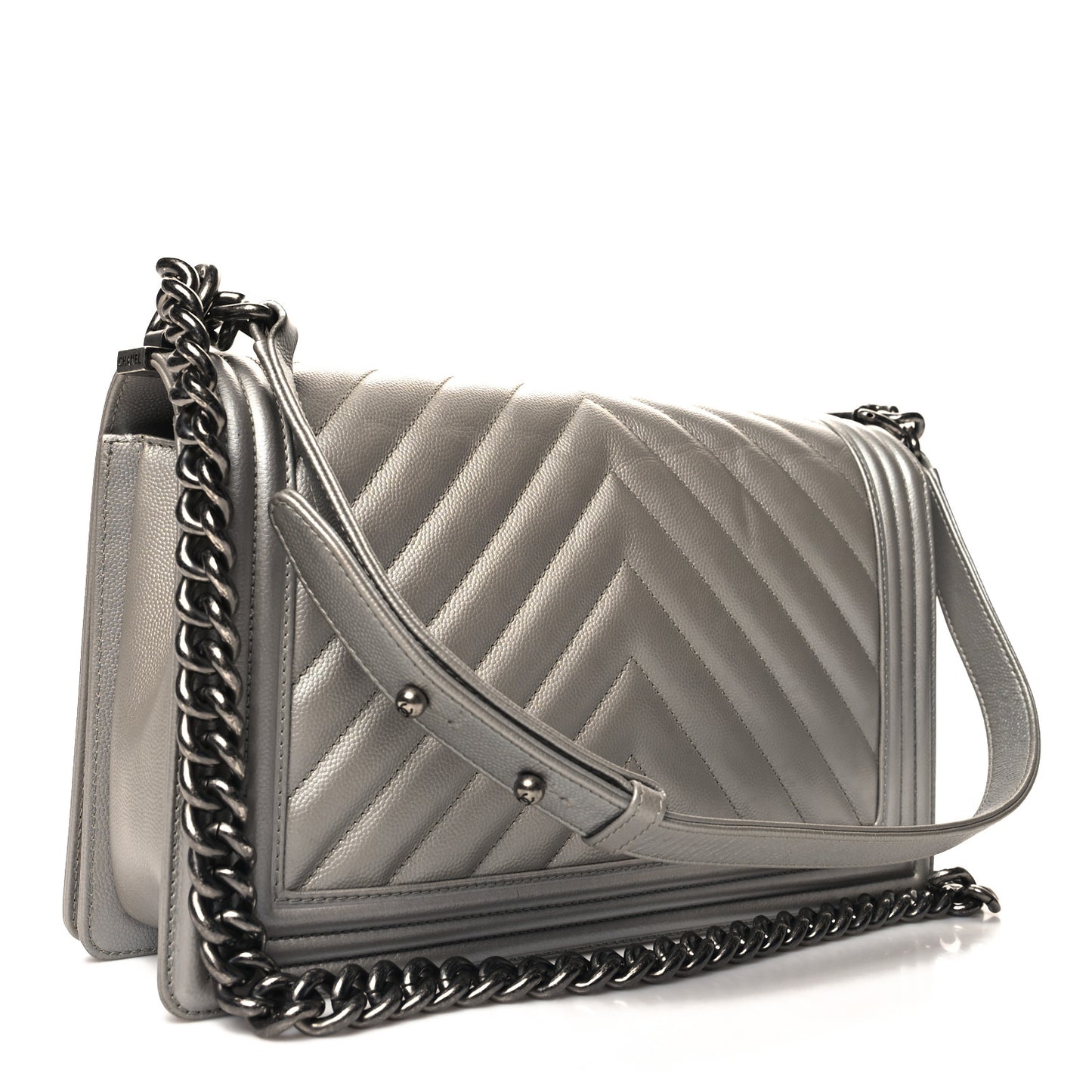 Metallic Caviar Chevron Quilted New Medium Boy Flap Silver