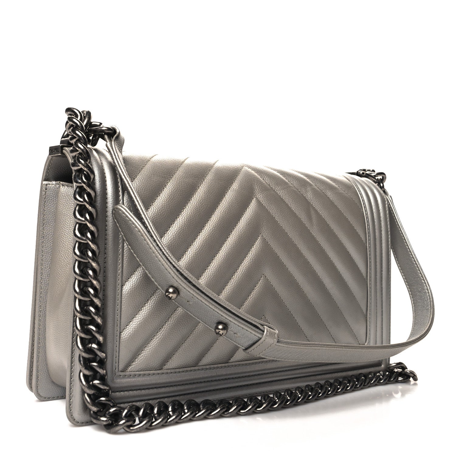Chanel Metallic Caviar Chevron Quilted New Medium Boy Flap Silver 3 of 11