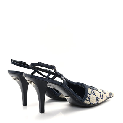 Gucci GG Monogram Malaga Kid Crystal Square G 75mm Slingback Pumps 38 Beige Blue 5 of 10