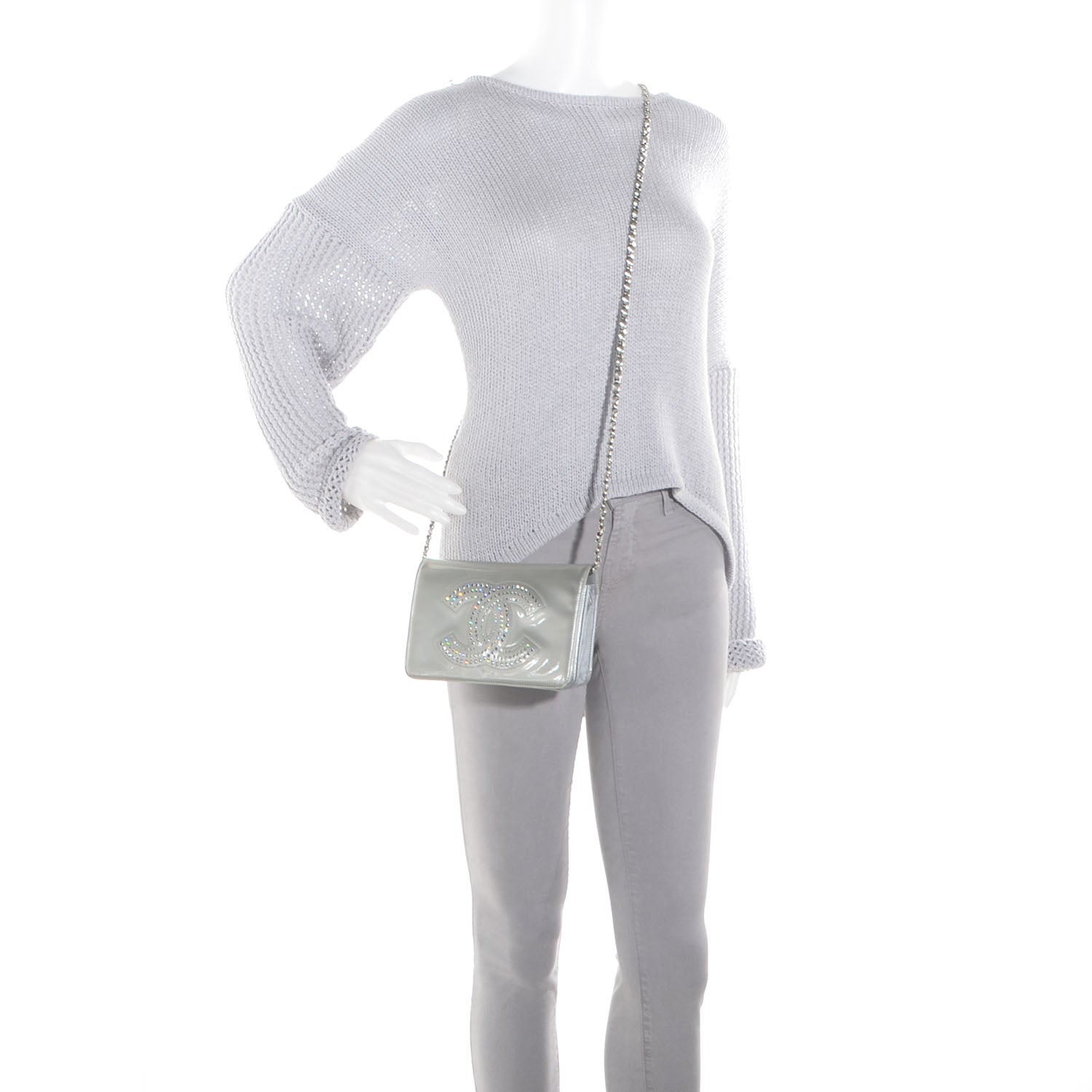 Chanel Patent Strass Wallet On Chain WOC Silver 2 of 8