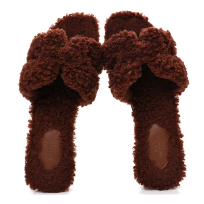 Hermes Woolskin Oran Sandals 37.5 Cognac 2 of 9
