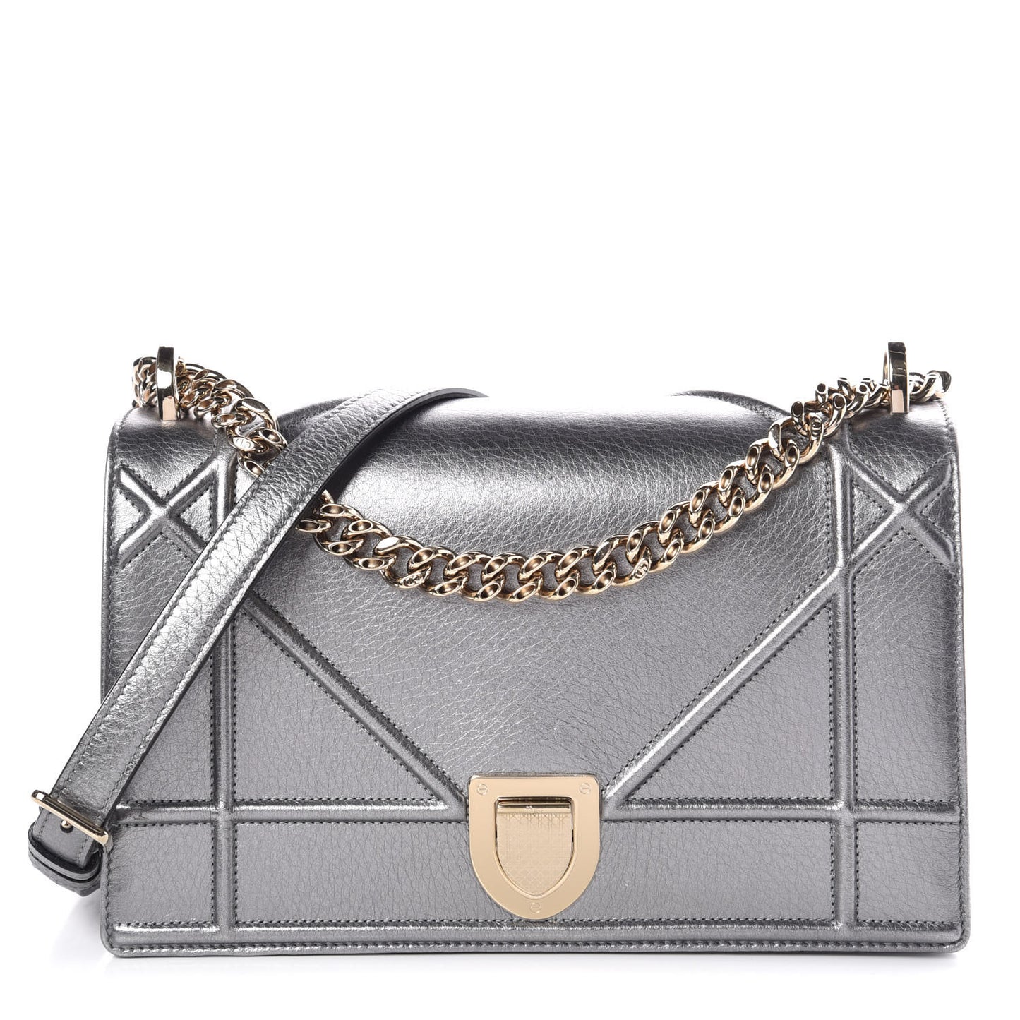 Metallic Grained Calfskin Medium Diorama Flap Bag Silver