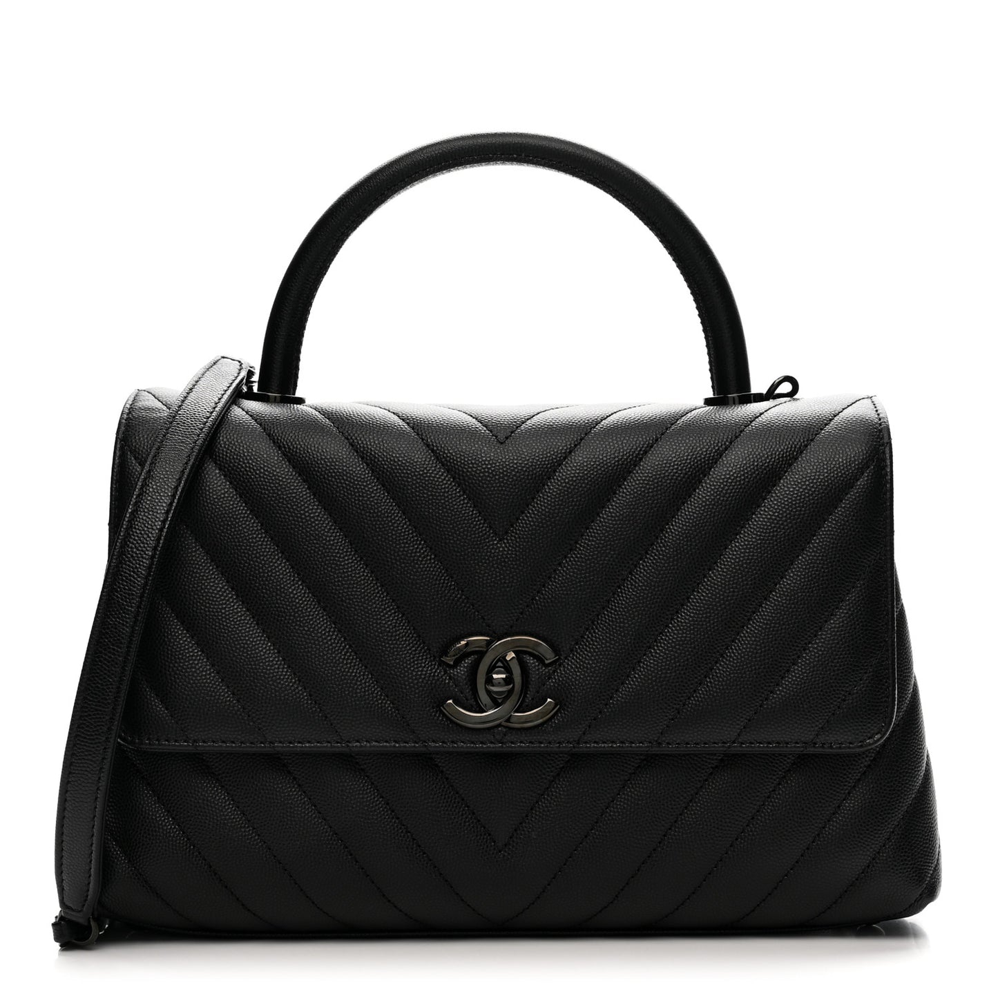 Caviar Chevron Quilted Small Coco Handle Flap So Black