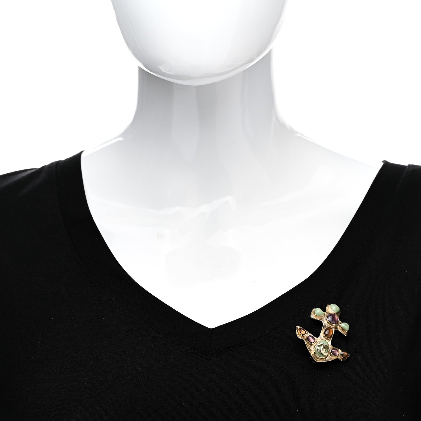 Gripoix Poured Glass CC Anchor Brooch Gold Multicolor