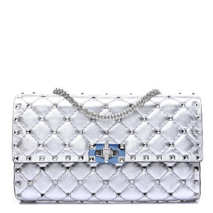 Valentino Garavani Metallic Lambskin Rockstud Spike Wallet on Chain Silver 1 of 18