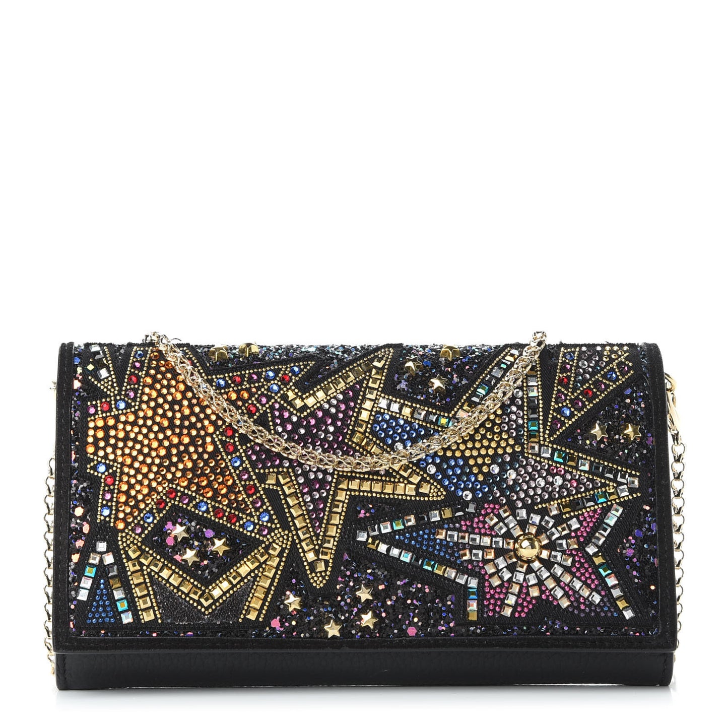 Calfskin Beaded Loubiclutch Star Chain Wallet Black