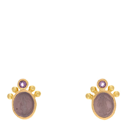 Elizabeth Locke 19K Yellow Gold Iolite Venetian Glass Mother of Pearl Intaglio Earrings Purple 1 of 4