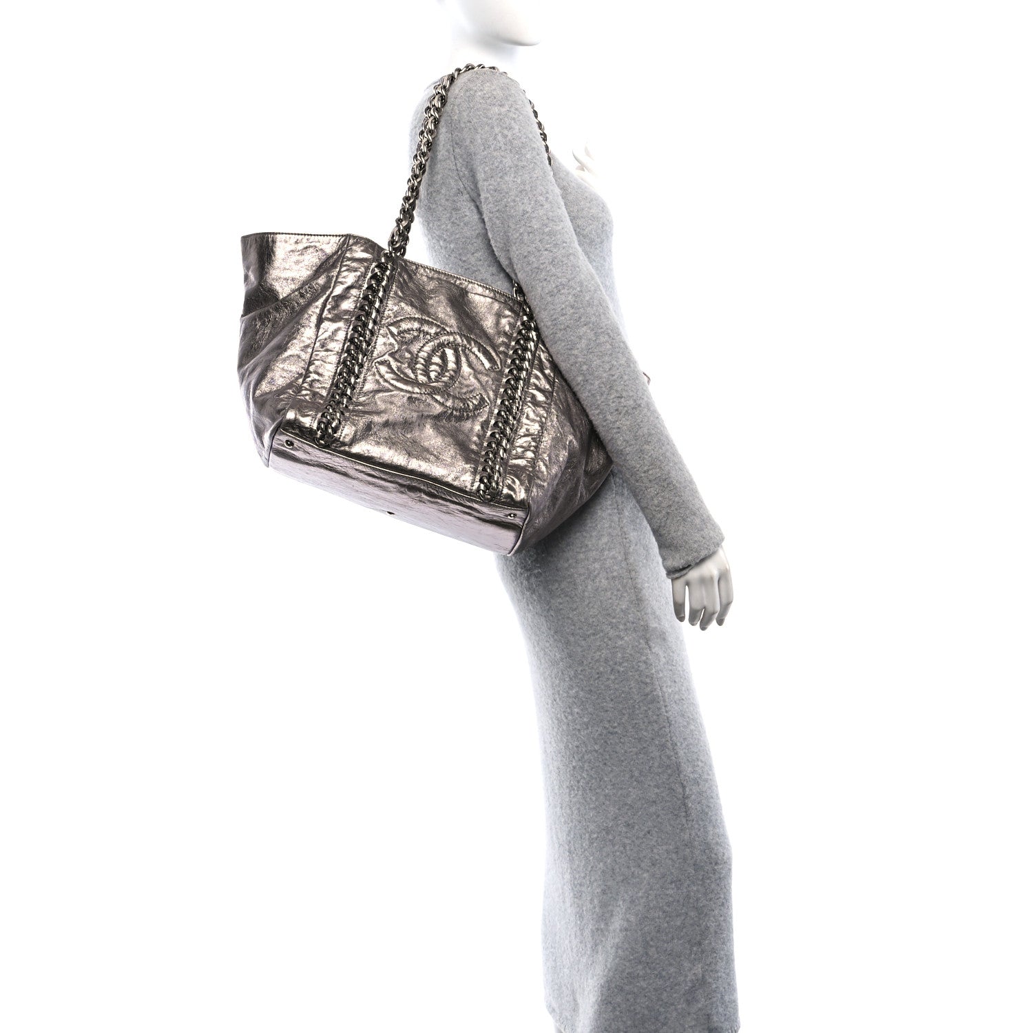 Chanel Metallic Cracked Calfskin Modern Chain Tote Dark Silver