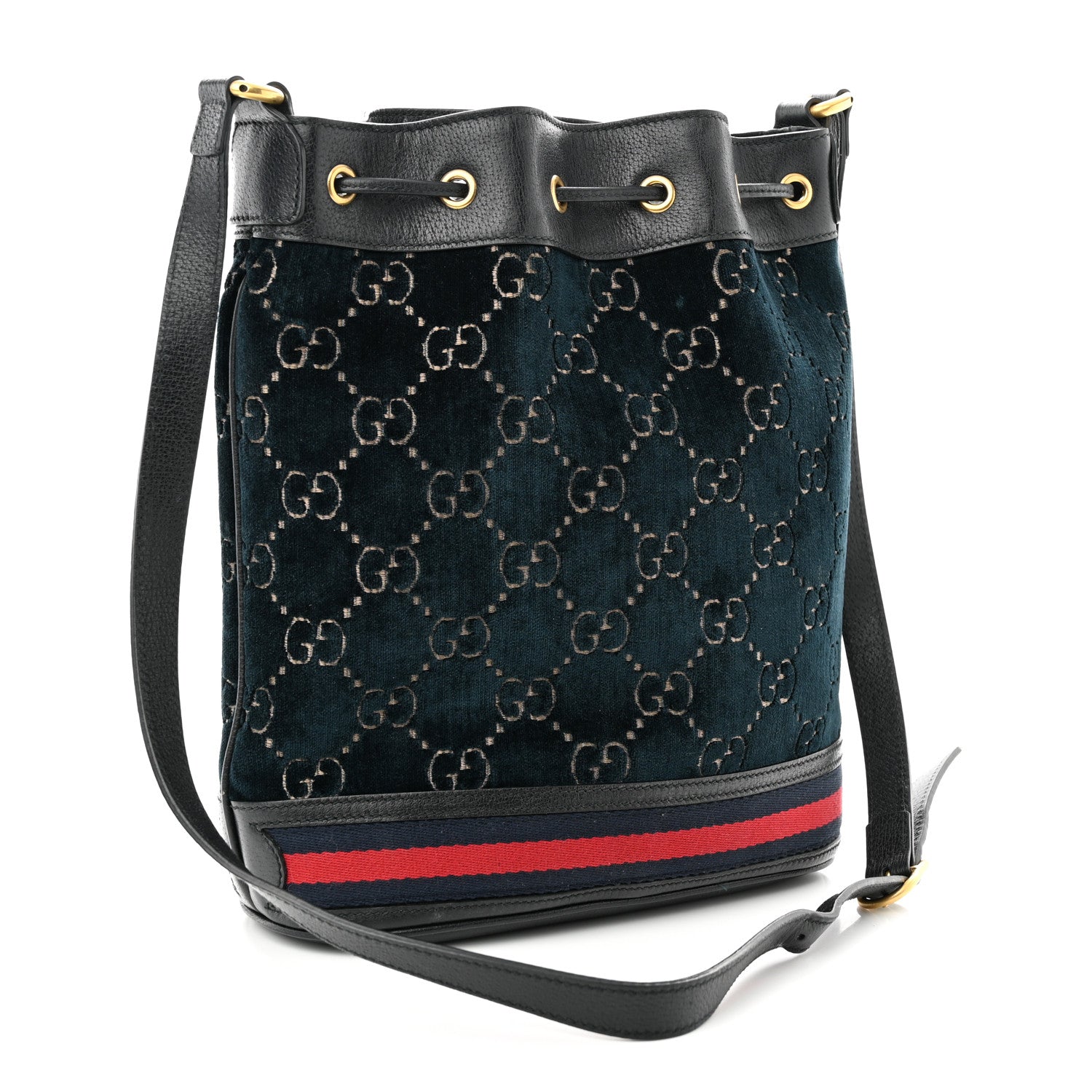 Gucci Velvet GG Monogram Web Bucket Bag Blue Beige 3 of 13