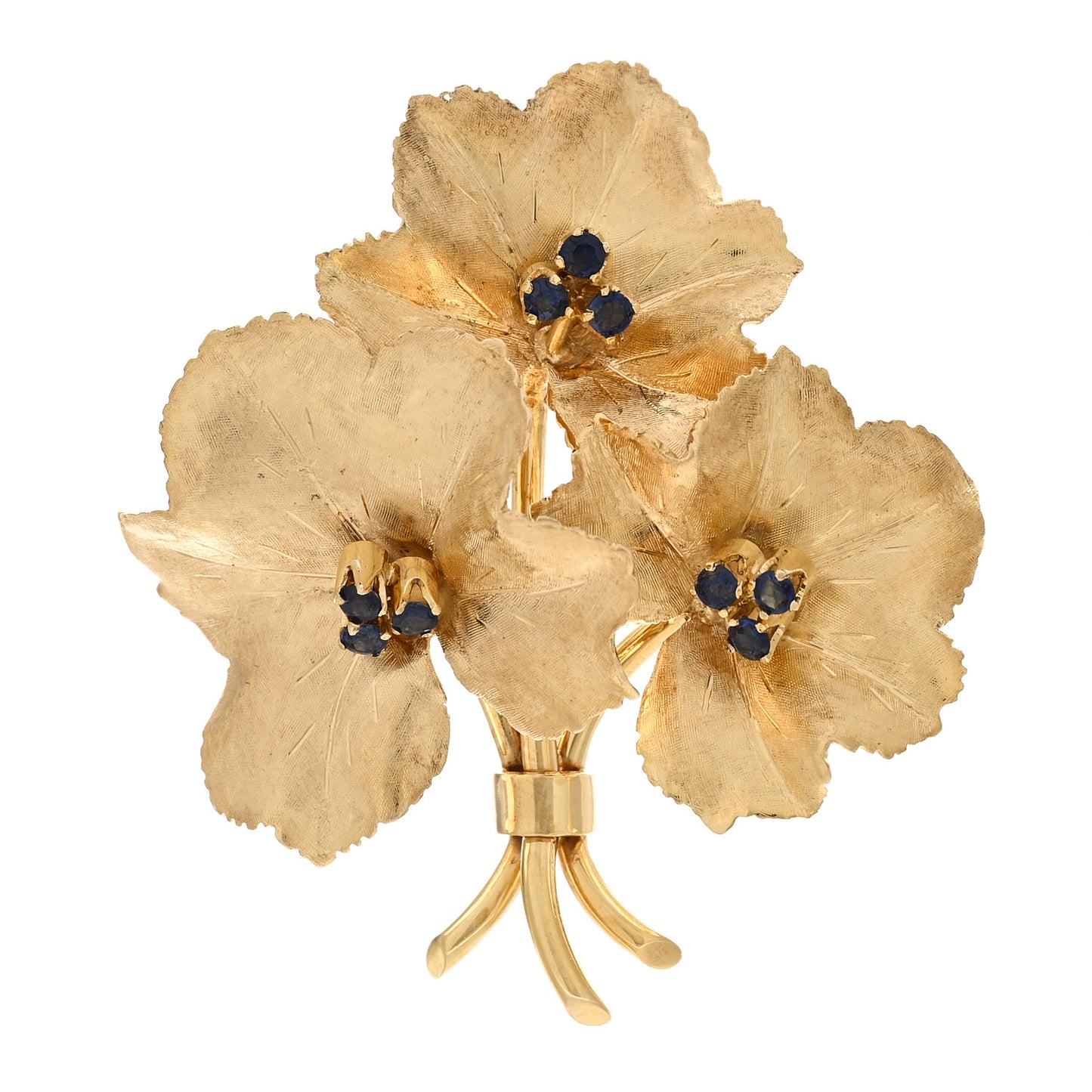 18K Yellow Gold Blue Sapphire Floral Pin Brooch