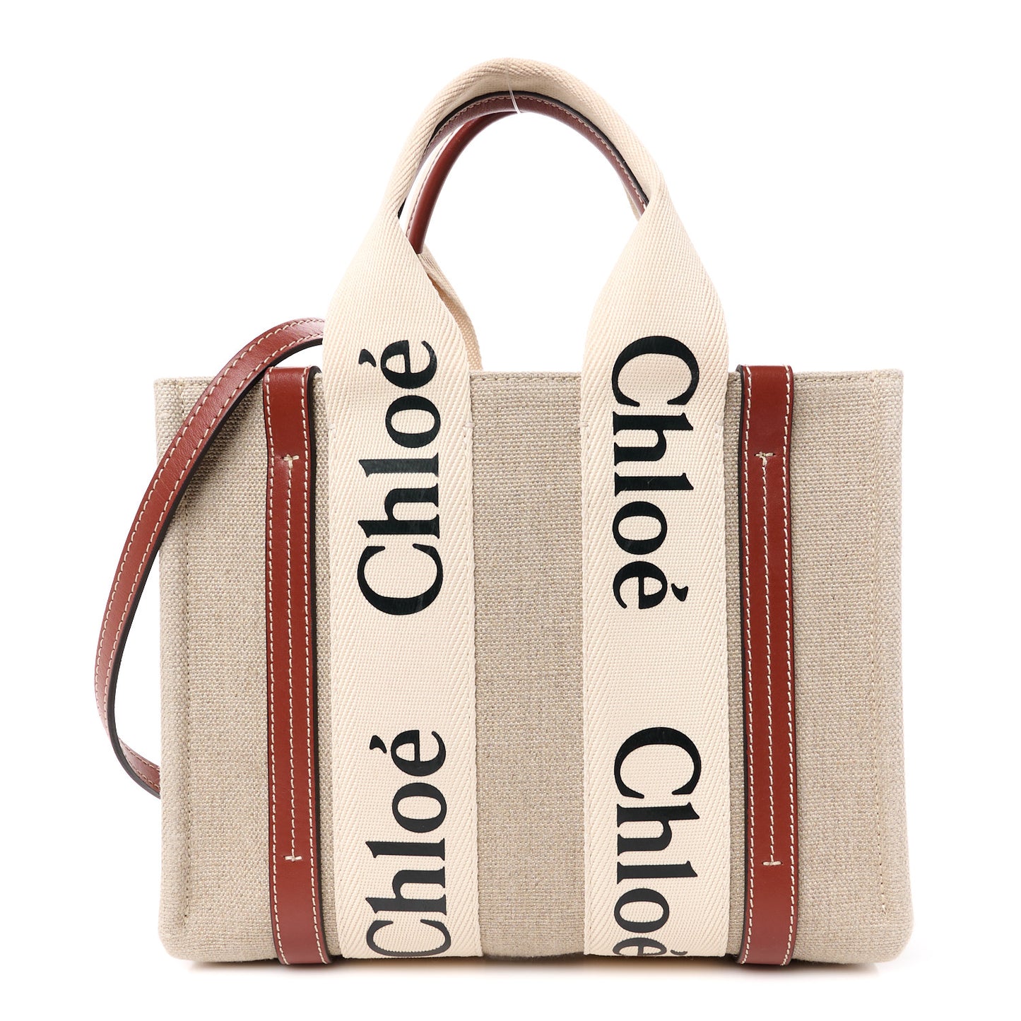 Linen Calfskin Small Woody Ribbon Tote With Strap White Brown