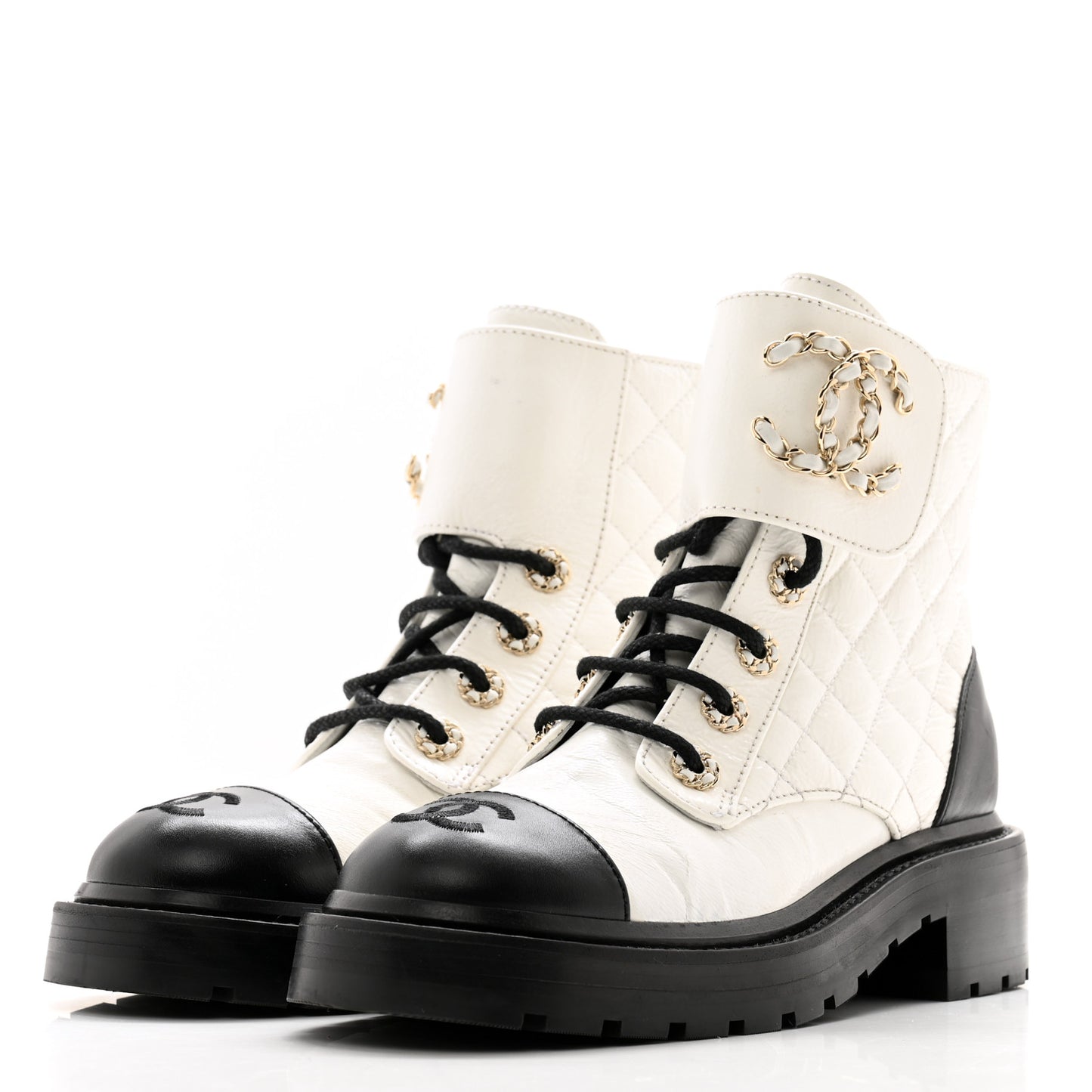 Shiny Goatskin Calfskin Quilted Lace Up Combat Boots 36 White Black