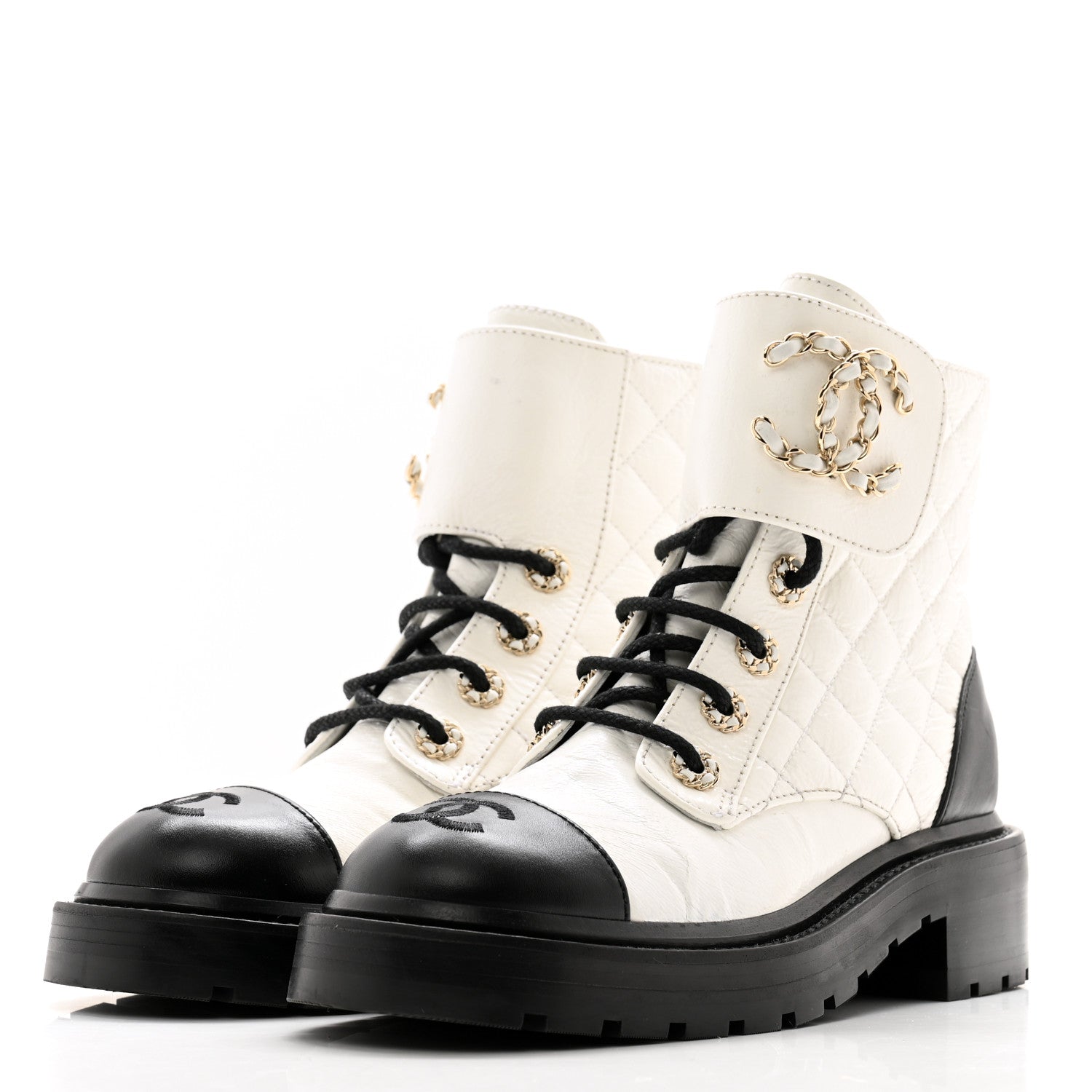Chanel Shiny Goatskin Calfskin Quilted Lace Up Combat Boots 36 White Black 3 of 12