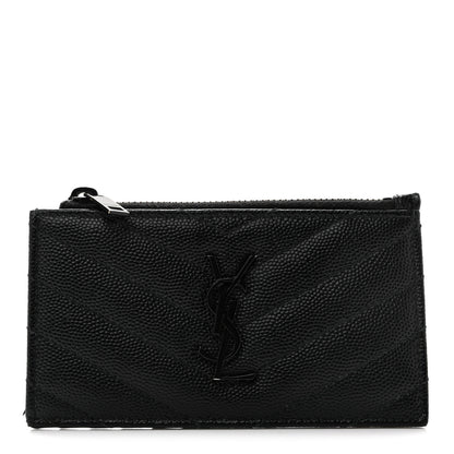 Saint Laurent Grain De Poudre Matelasse Chevron Monochrome Fragments Zippered Card Case Black 1 of 11