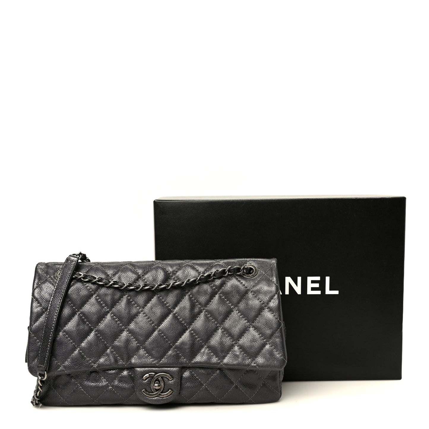 Iridescent Caviar Quilted Large Chic Flap Grey