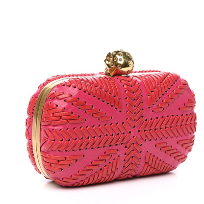 Alexander McQueen Calfskin Woven Britannia Skull Box Clutch Red Pink 2 of 7