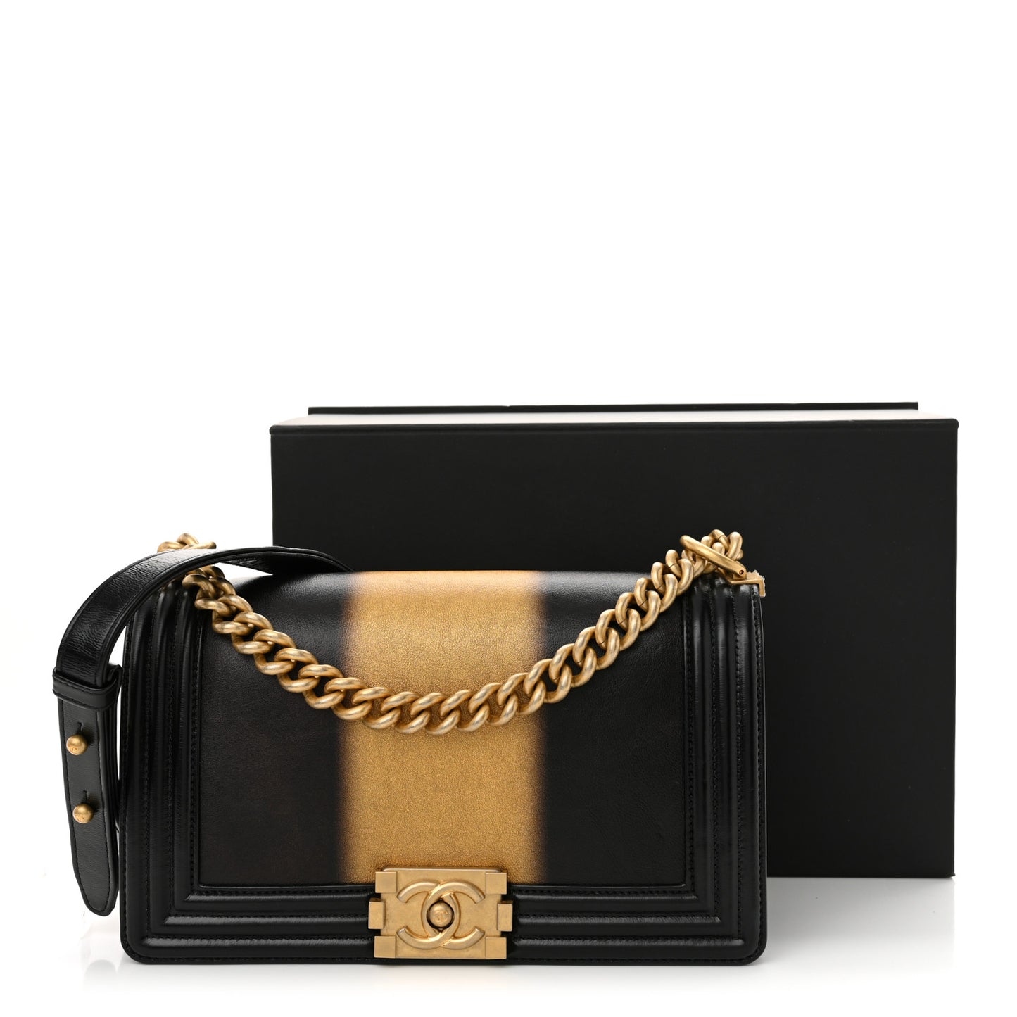 Metallic Glazed Calfskin Medium Boy Flap Black Gold