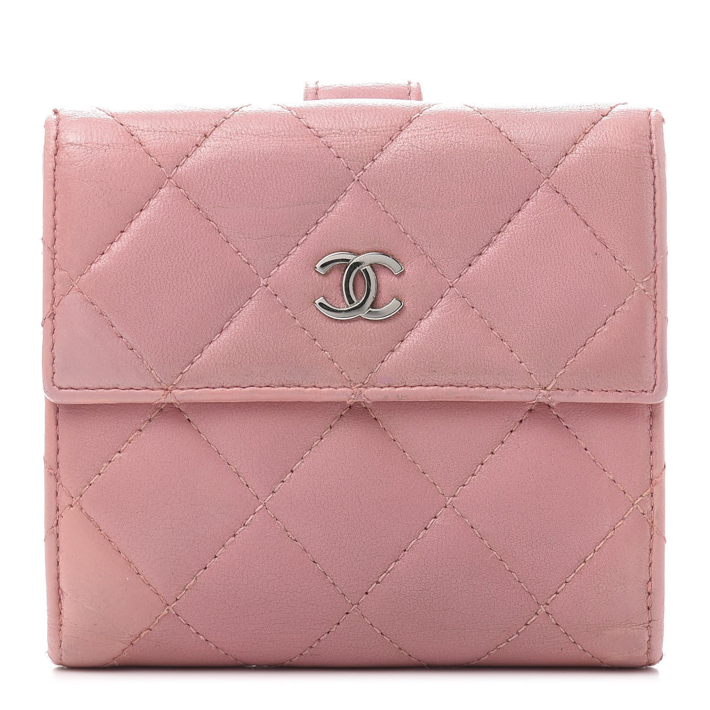 Lambskin Quilted Compact French Flap Wallet Pink