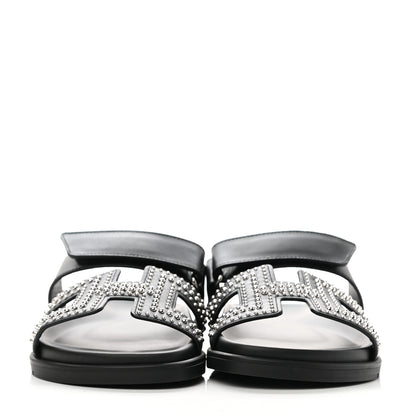Hermes Mini Stud Calfskin Womens Chypre Sandals 37.5 Black 2 of 9