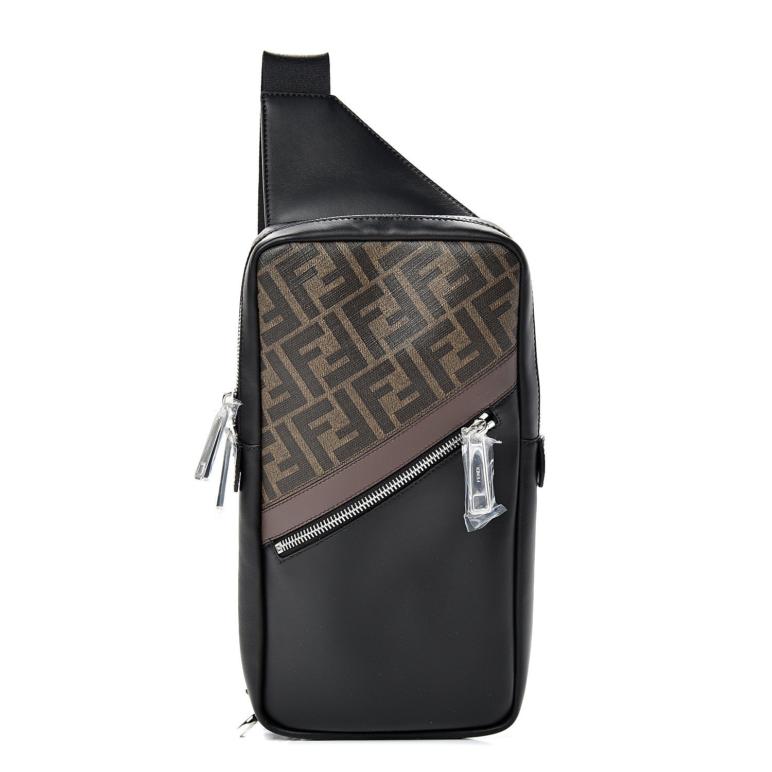 Fendi Glazed Fabric Vitello Liberty FF 1974 Diagonal Sling Bag Tobacco Moresco Black 1 of 9