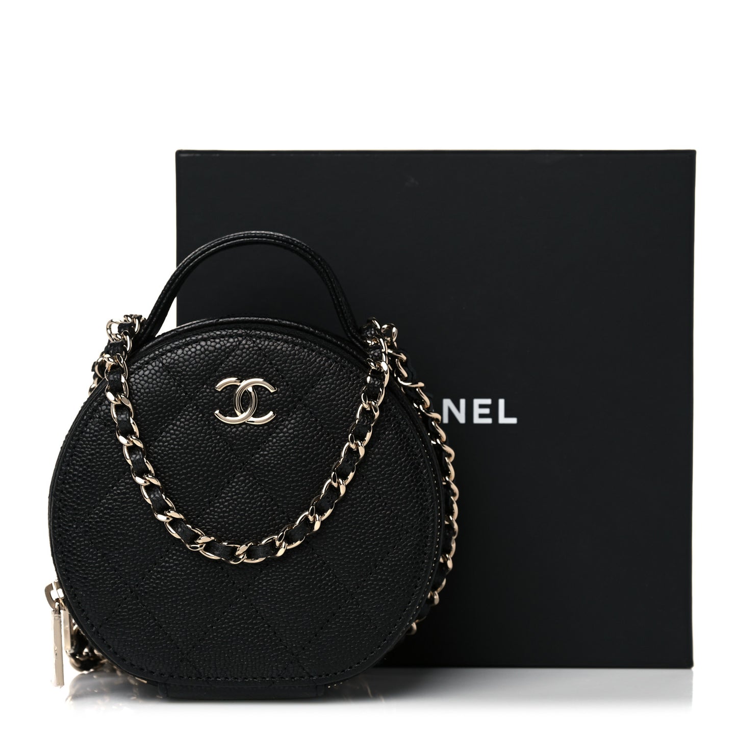 Caviar Quilted Round Handle With Care Vanity With Chain Black