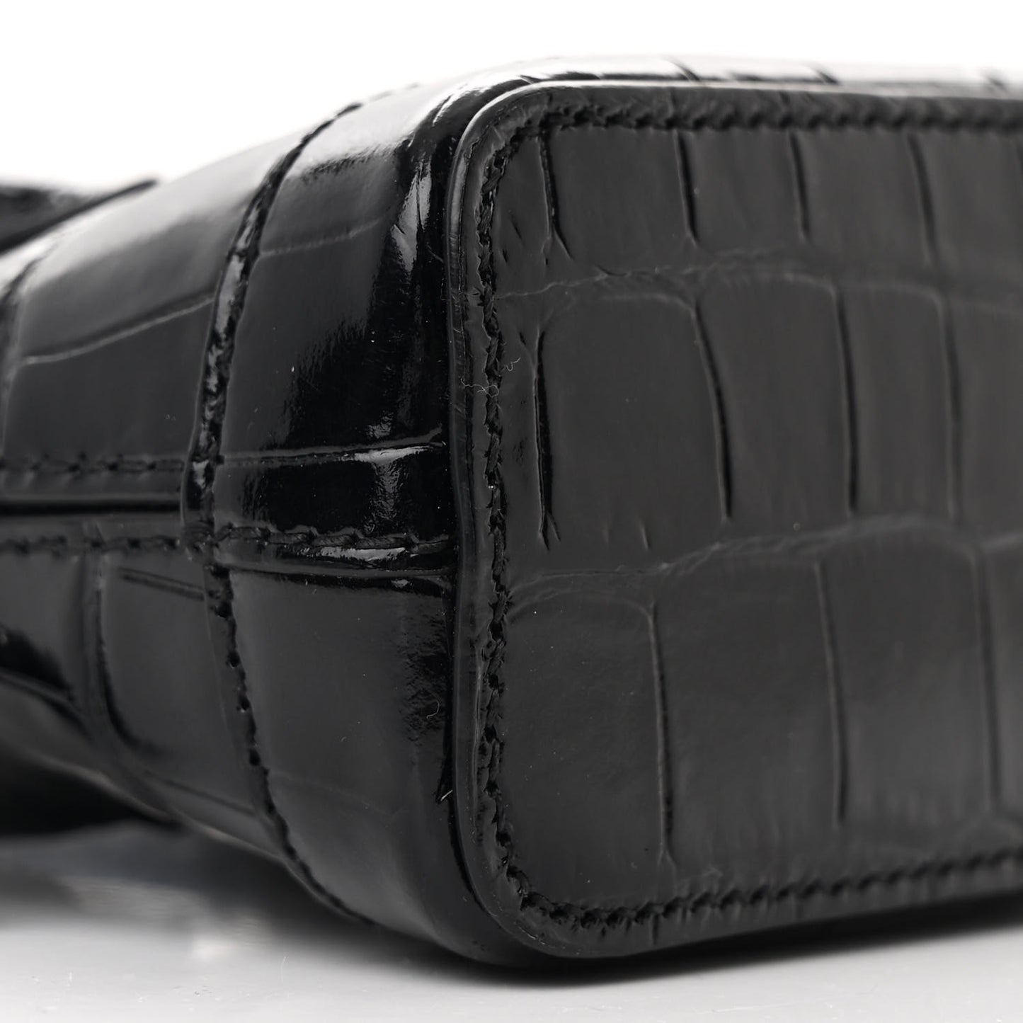 Shiny Calfskin Logo Crocodile Embossed Mini Ville Top Handle Bag Black