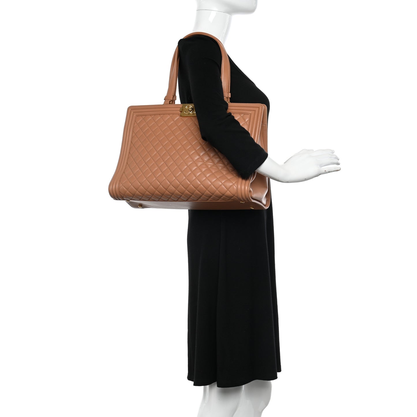 Calfskin Quilted Boy Shopping Tote Camel