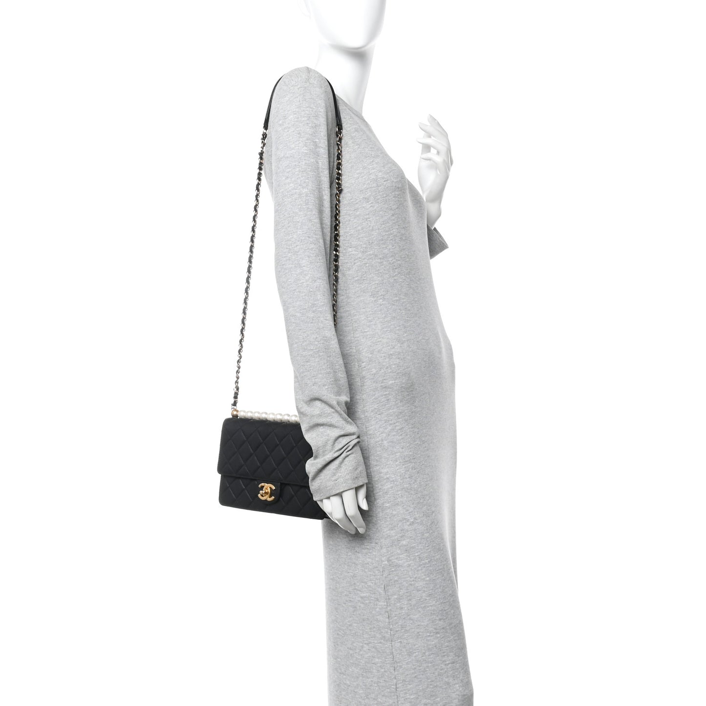 Goatskin Quilted Small Chic Pearls Flap Black Black