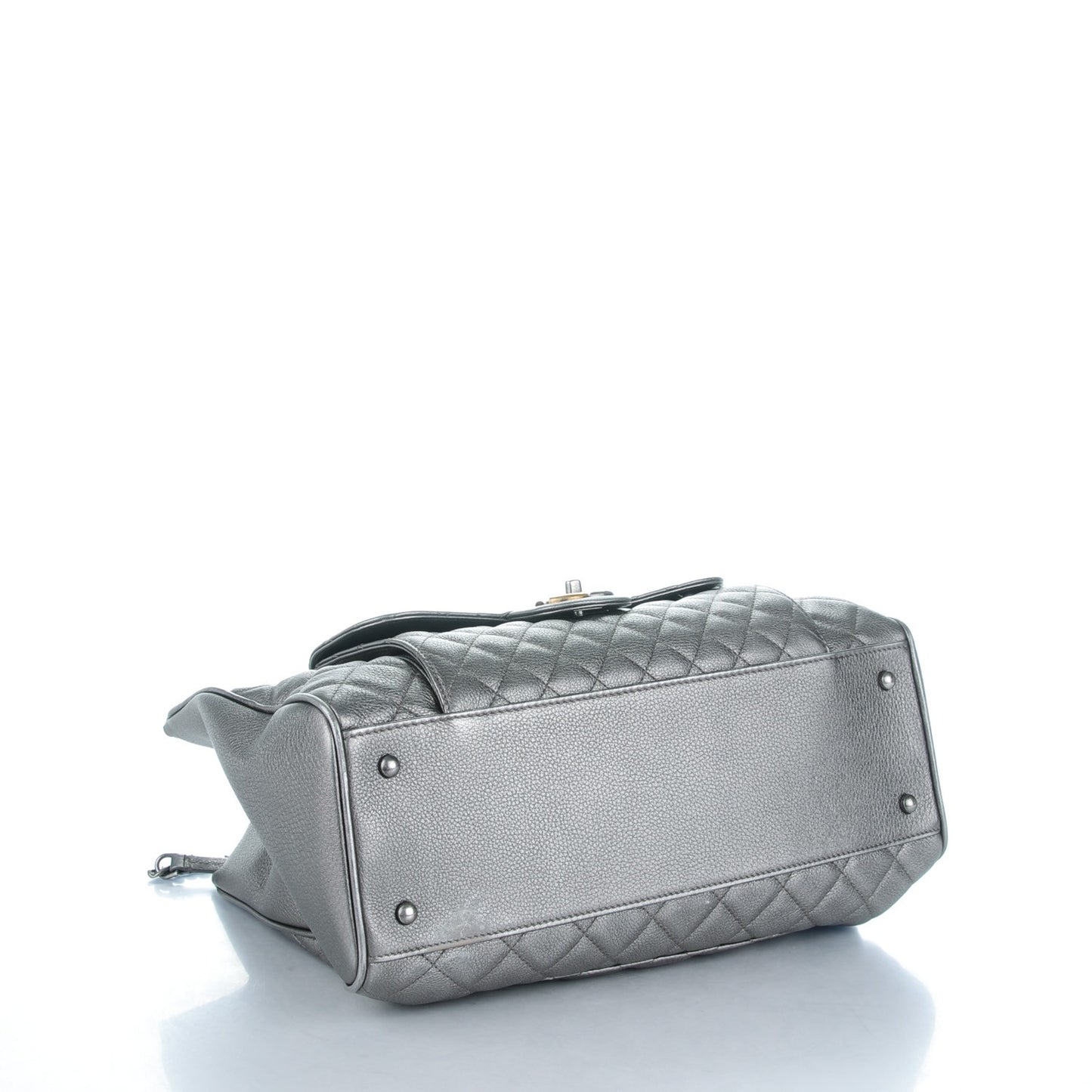 Metallic Grained Calfskin Quilted Large Casual Pocket Tote Silver