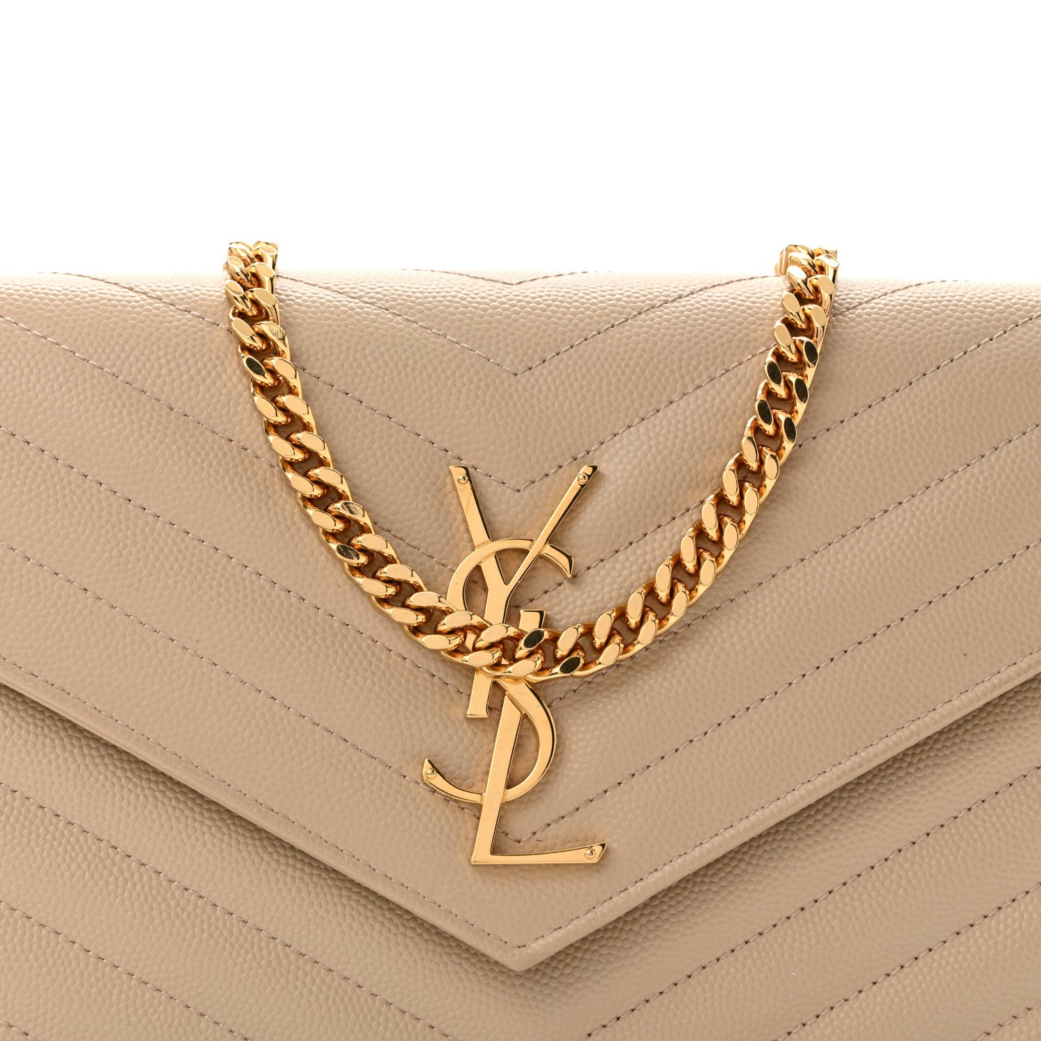 Saint Laurent Grain De Poudre Matelasse Chevron Monogram Chain Wallet Dark Beige 9 of 13
